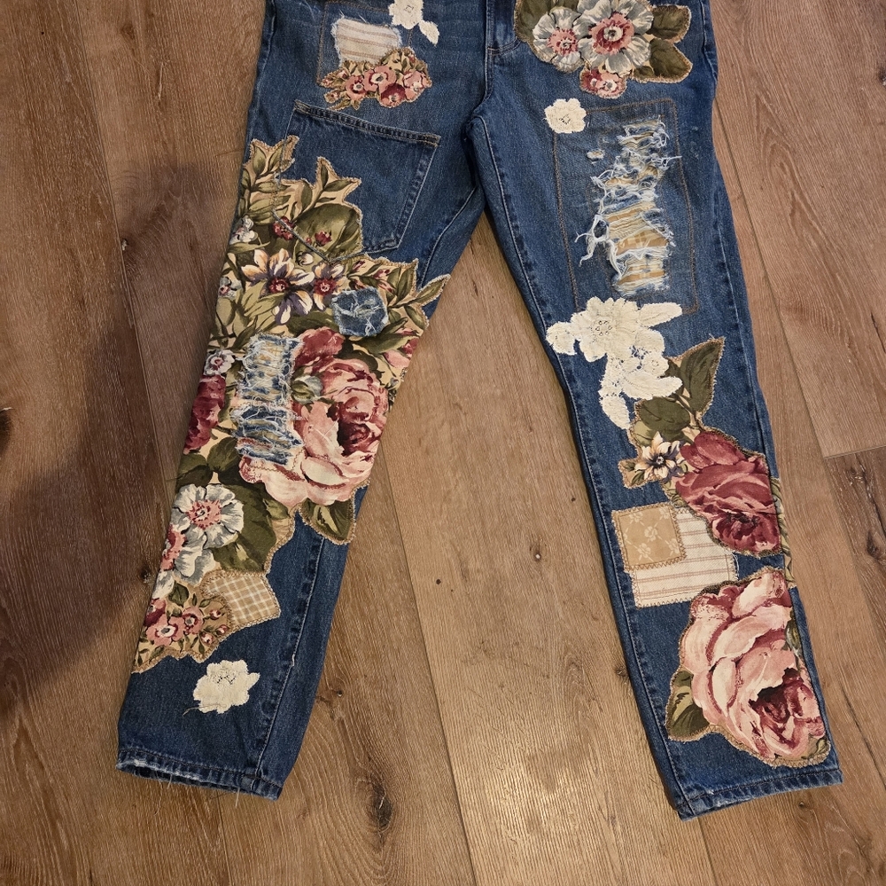 Floral Upcycled Patchwork Dark Denim Overalls By … - image 6